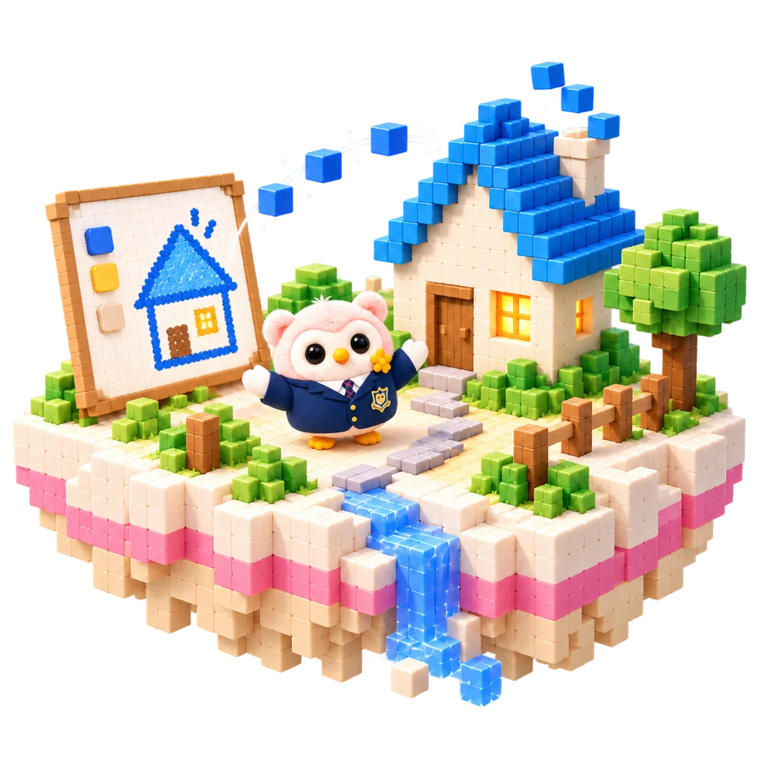 mi mi celebrates beside a house taking shape from a drawing on a voxel candy island